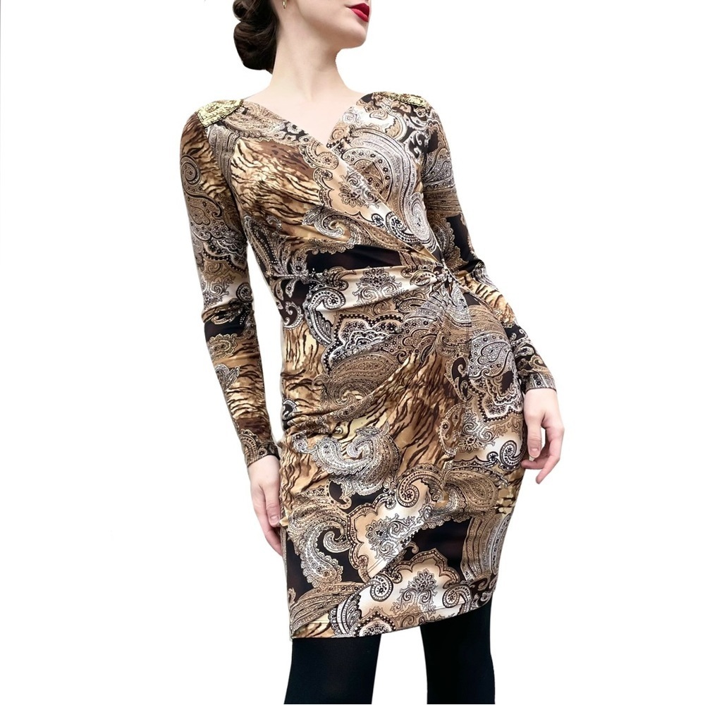 Vintage Cache Mob Wife Gold Shimmer Printed Long Sleeve Jersey Mini Dress S